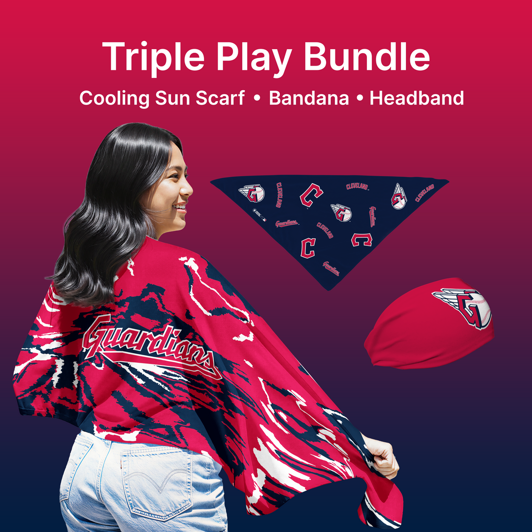 MLB licensed Cleveland Guardians Triple Play Cooling Bundle: Cooling Sun Scarf + Bandana + Headband. Made in USA. Vertical Athletics Brand. 