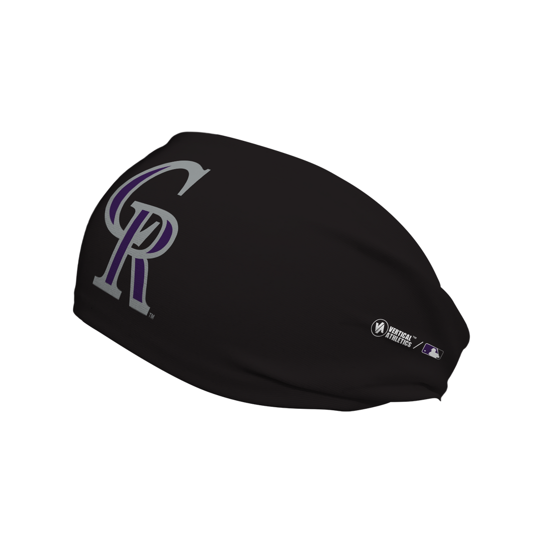 Side view of MLB Colorado Rockies black  headband with cap  logo. Made in USA, Vertical Athletics brand. 