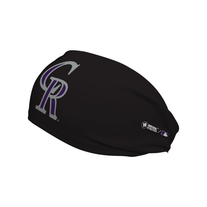 Side view of MLB Colorado Rockies black  headband with cap  logo. Made in USA, Vertical Athletics brand. 