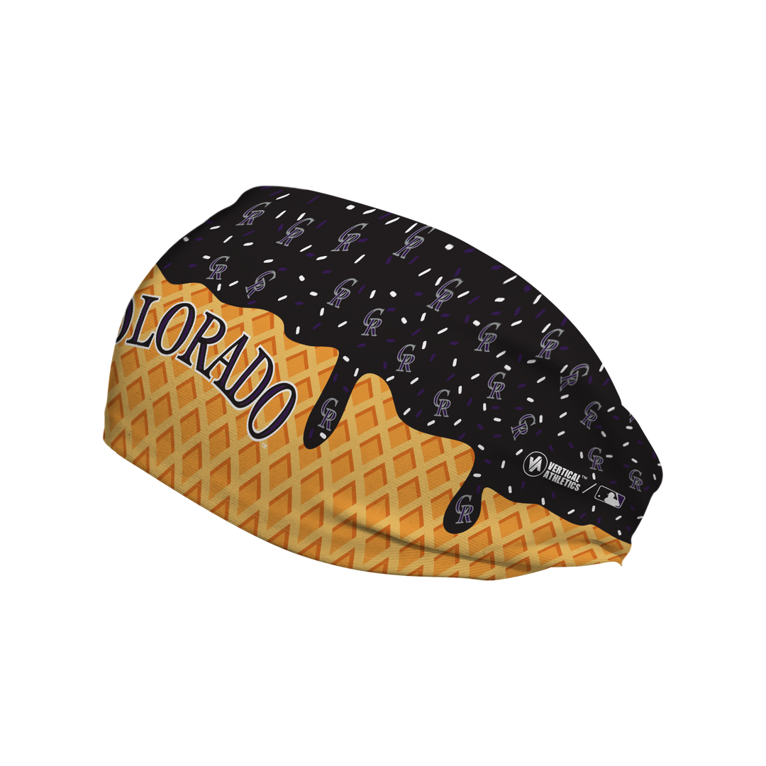 MLB licensed Colorado Rockies cooling headband with Ice Cream Drip Wordmark. Made in the USA, Vertical Athletics brand.