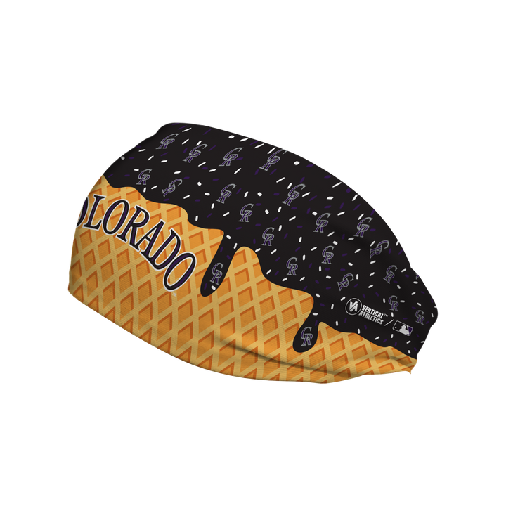 MLB licensed Colorado Rockies cooling headband with Ice Cream Drip Wordmark. Made in the USA, Vertical Athletics brand.