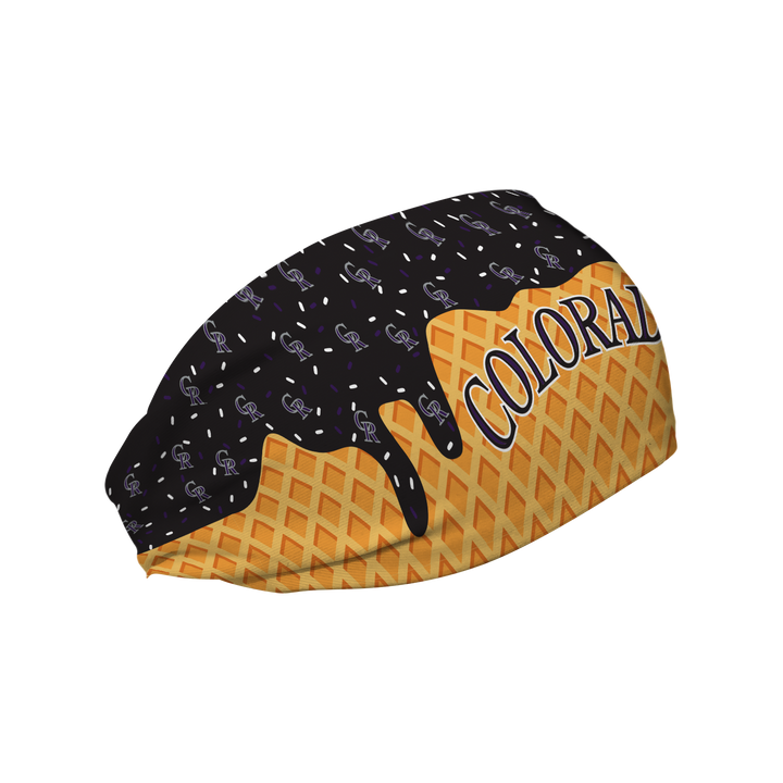 MLB licensed Colorado Rockies cooling headband with Ice Cream Drip Wordmark. Made in the USA, Vertical Athletics brand.