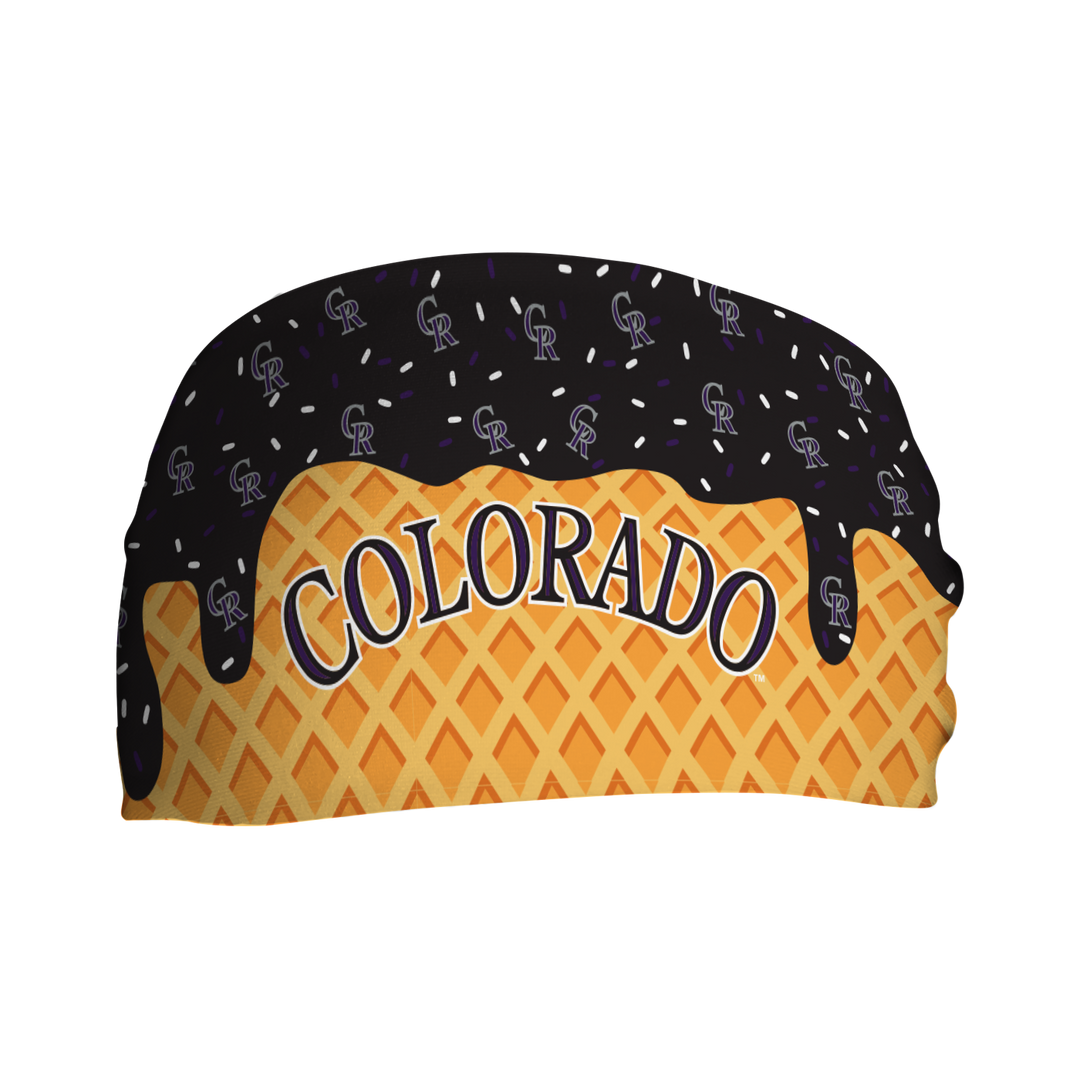MLB licensed Colorado Rockies cooling headband with Ice Cream Drip Wordmark. Made in the USA, Vertical Athletics brand.