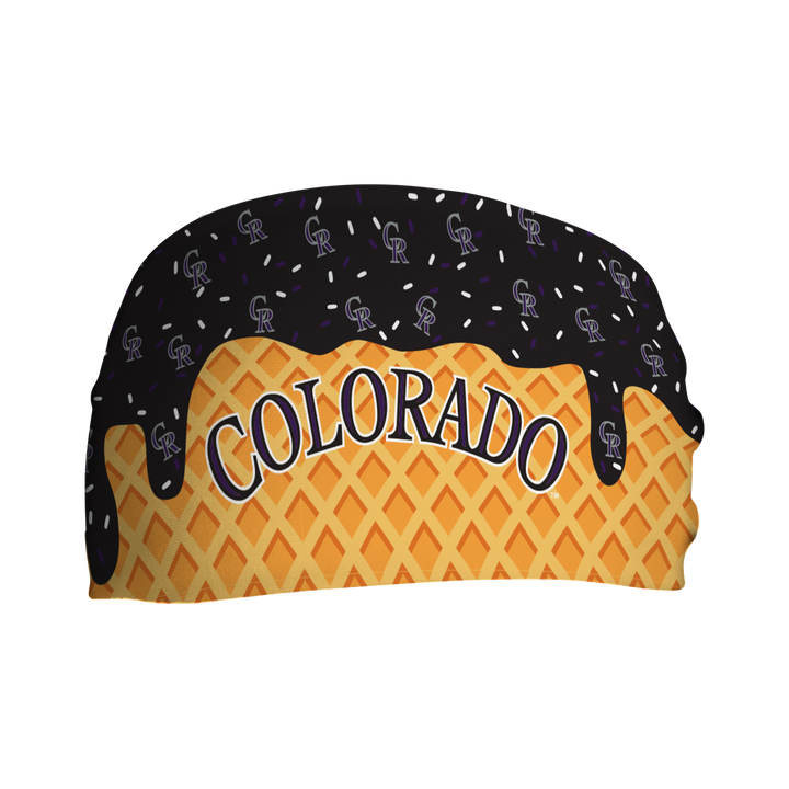 MLB licensed Colorado Rockies cooling headband with Ice Cream Drip Wordmark. Made in the USA, Vertical Athletics brand.
