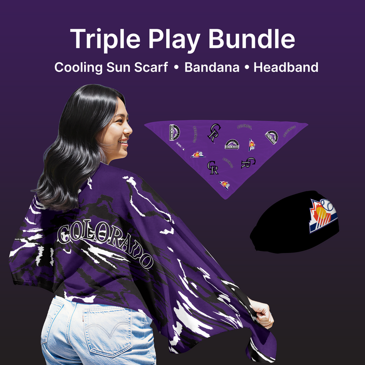 MLB licensed Colorado Rockies Triple Play Cooling Bundle: Cooling Sun Scarf + Bandana + Headband. Made in USA. Vertical Athletics Brand. 
