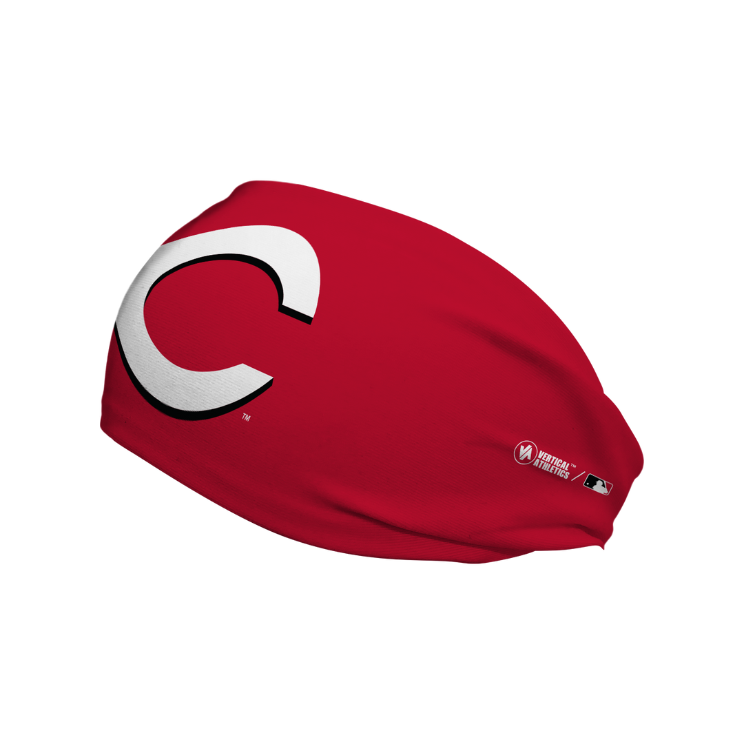 Side view of MLB Cincinnati Reds red headband with cap logo. Made in USA, Vertical Athletics brand.