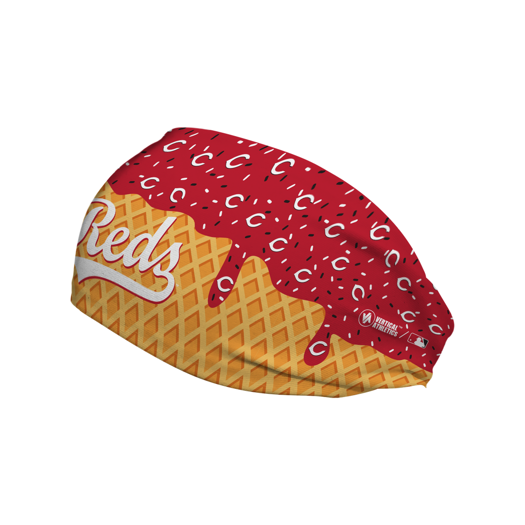 MLB licensed Cincinnati Reds cooling headband with Ice Cream Drip Wordmark. Made in the USA, Vertical Athletics brand.