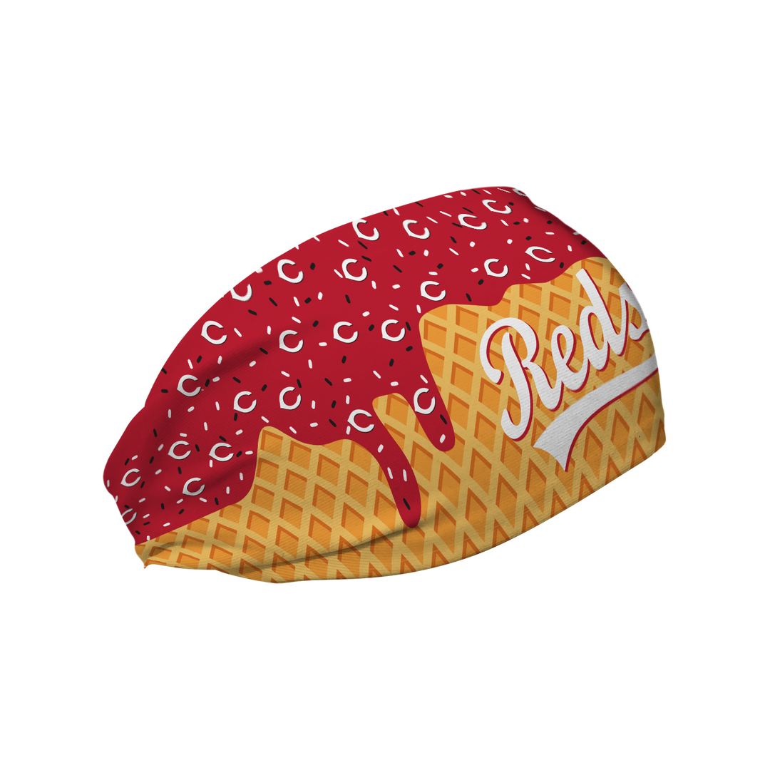 MLB licensed Cincinnati Reds cooling headband with Ice Cream Drip Wordmark. Made in the USA, Vertical Athletics brand.