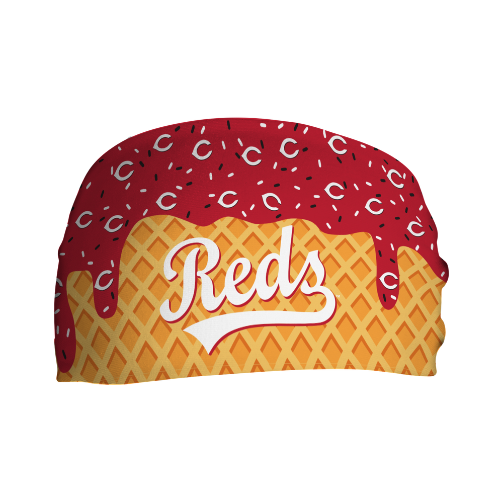 MLB licensed Cincinnati Reds cooling headband with Ice Cream Drip Wordmark. Made in the USA, Vertical Athletics brand.