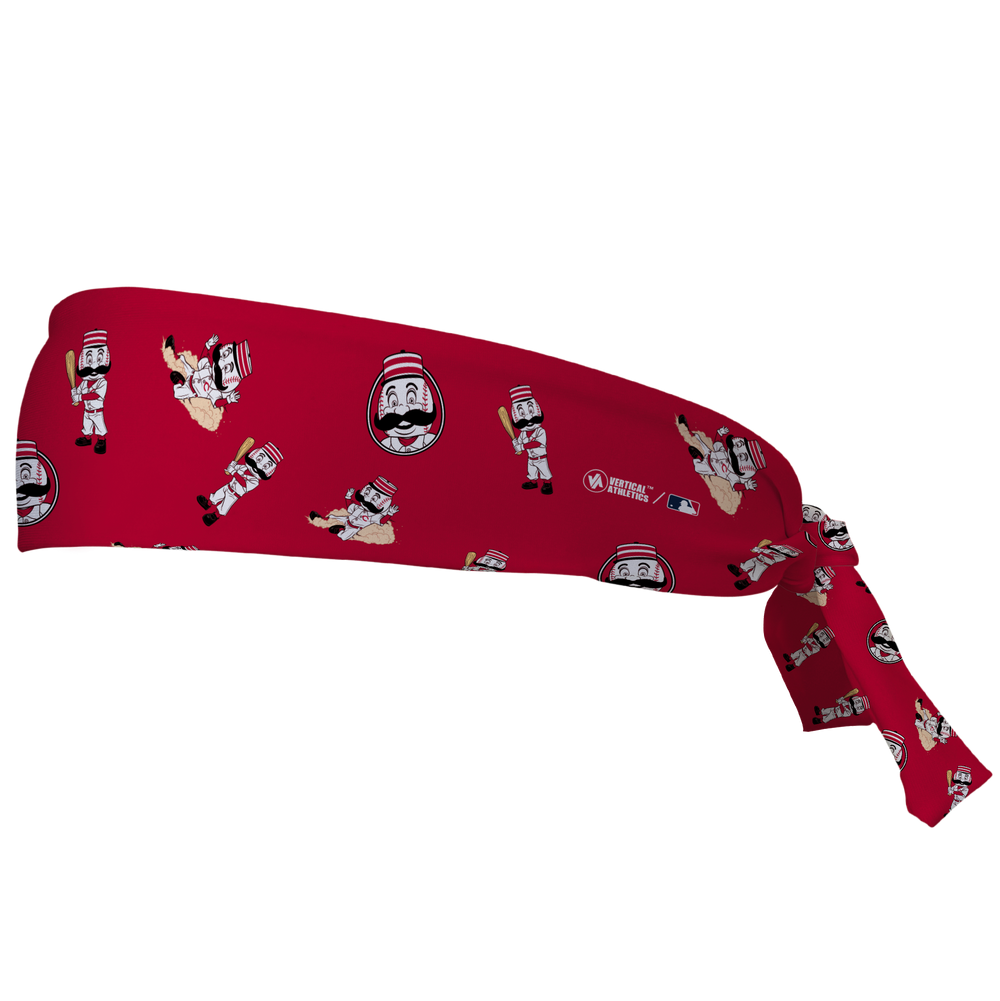 MLB Cincinnati Reds tieback cooling headband with Mascot All Over. Vertical Athletics brand. Made in Mexico.