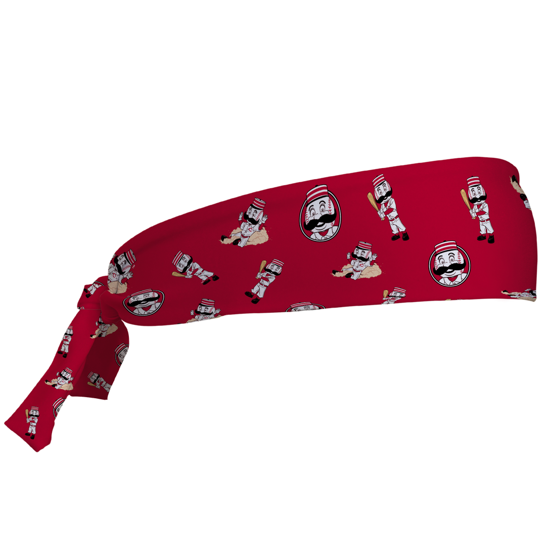 MLB Cincinnati Reds tieback cooling headband with Mascot All Over. Vertical Athletics brand. Made in Mexico.