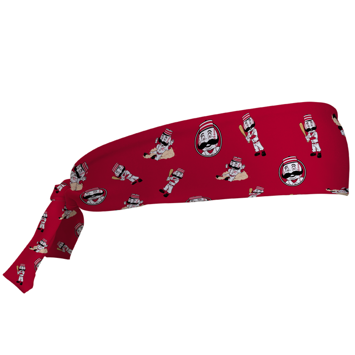 MLB Cincinnati Reds tieback cooling headband with Mascot All Over. Vertical Athletics brand. Made in Mexico.