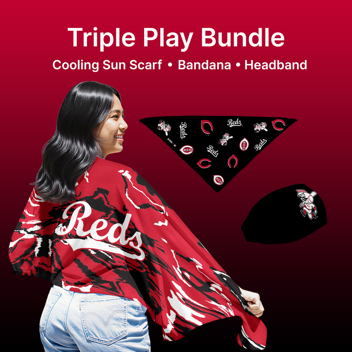 MLB licensed Cincinnati Reds Triple Play Cooling Bundle: Cooling Sun Scarf + Bandana + Headband. Made in USA. Vertical Athletics Brand. 
