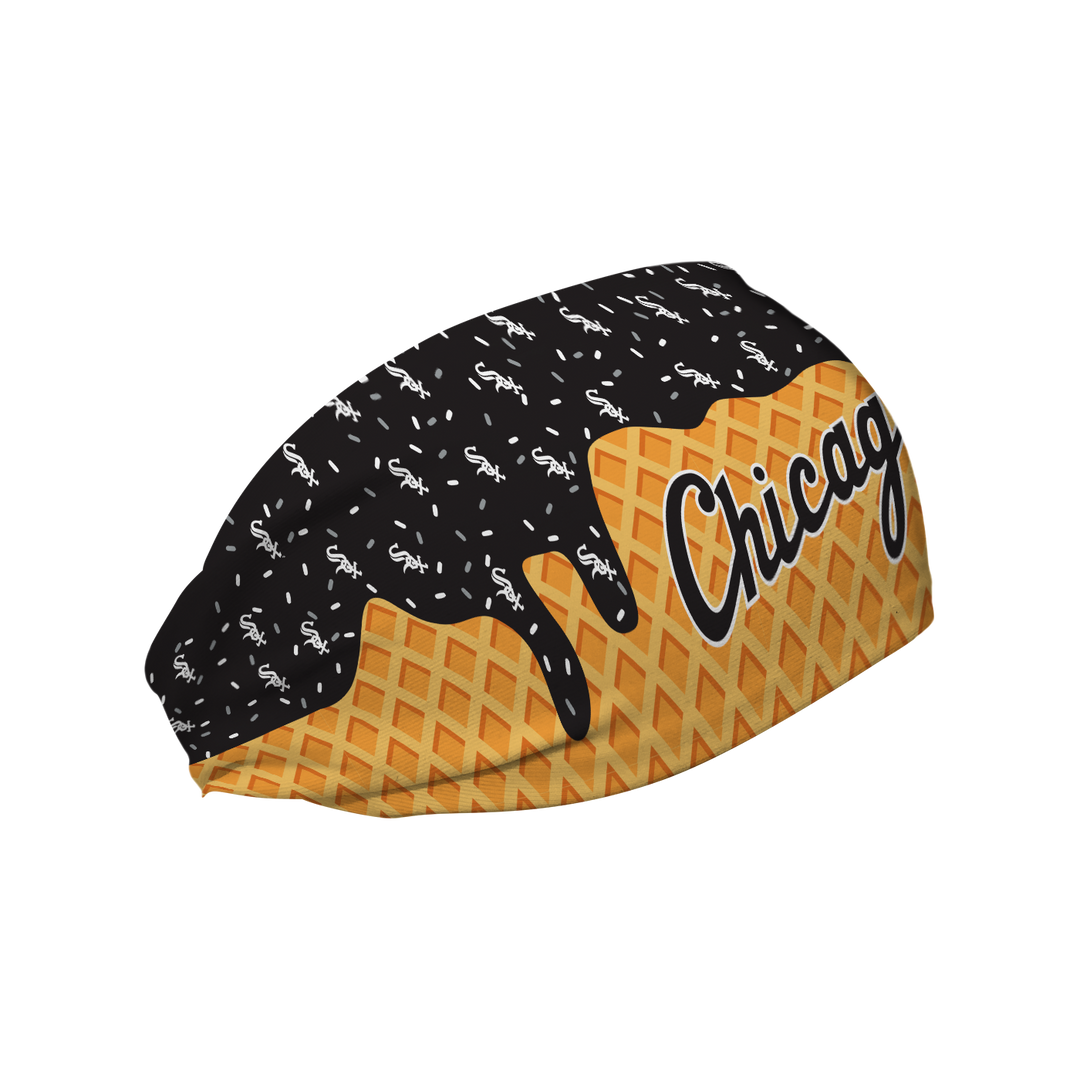MLB licensed Chicago White Sox cooling headband with Ice Cream Drip Wordmark. Made in the USA, Vertical Athletics brand.