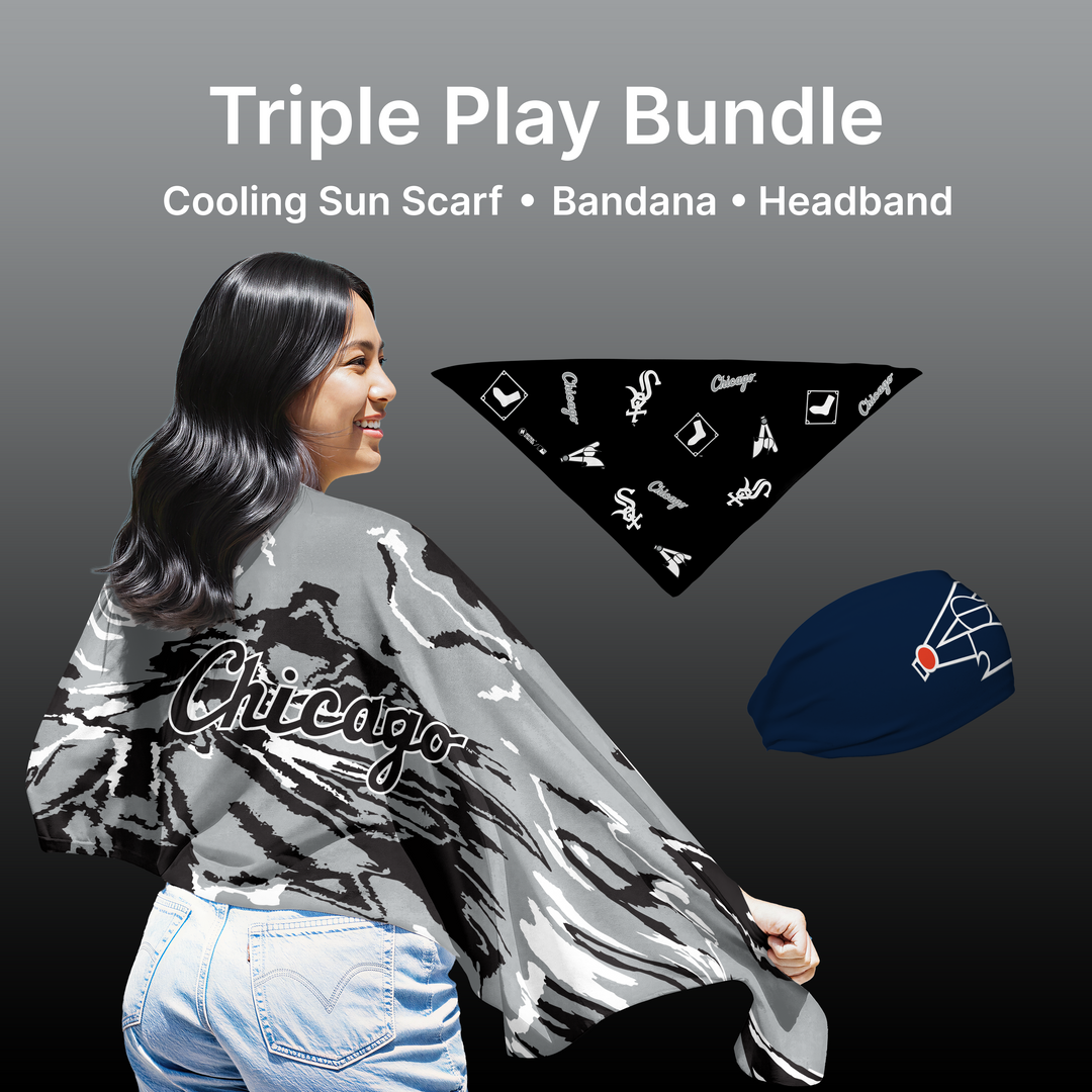 MLB licensed Chicago White Sox Triple Play Cooling Bundle: Cooling Sun Scarf + Bandana + Headband. Made in USA. Vertical Athletics Brand. 