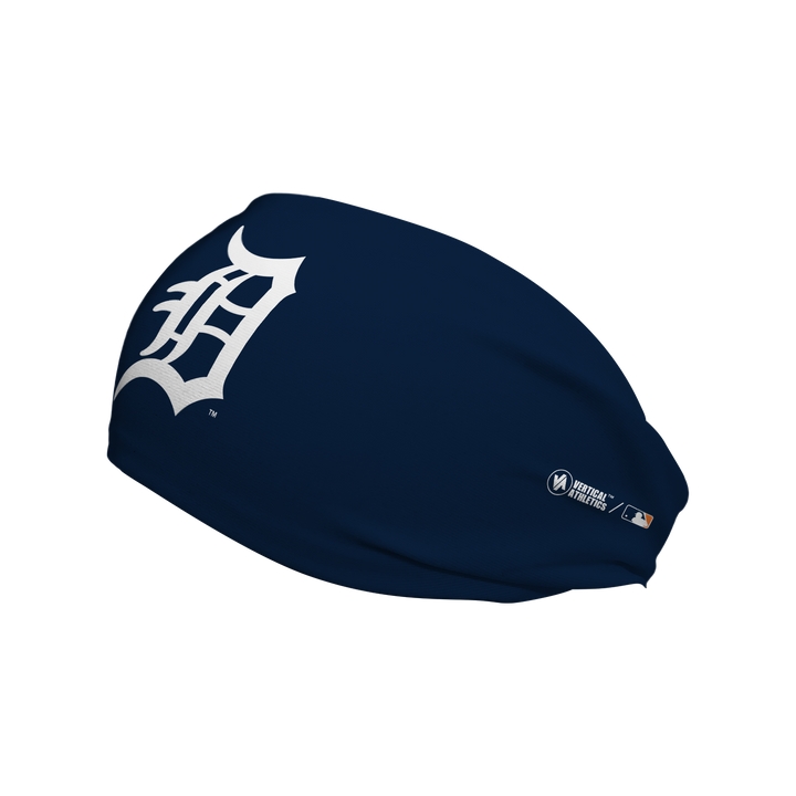 Side view of Detroit Tigers Navy  headband with cap logo. Made in USA, Vertical Athletics brand.  