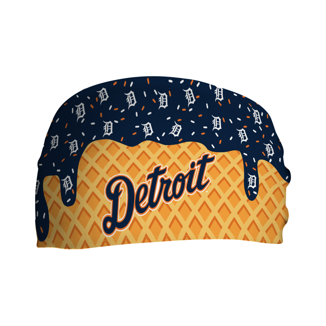 MLB licensed Detroit Tigers cooling headband with Ice Cream Drip Wordmark. Made in the USA, Vertical Athletics brand.