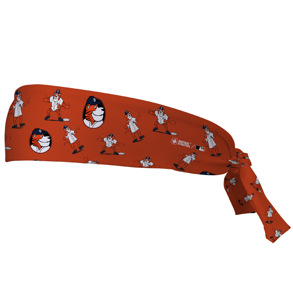 MLB Detroit Tigers tieback cooling headband with Mascot All Over. Vertical Athletics brand. Made in Mexico.