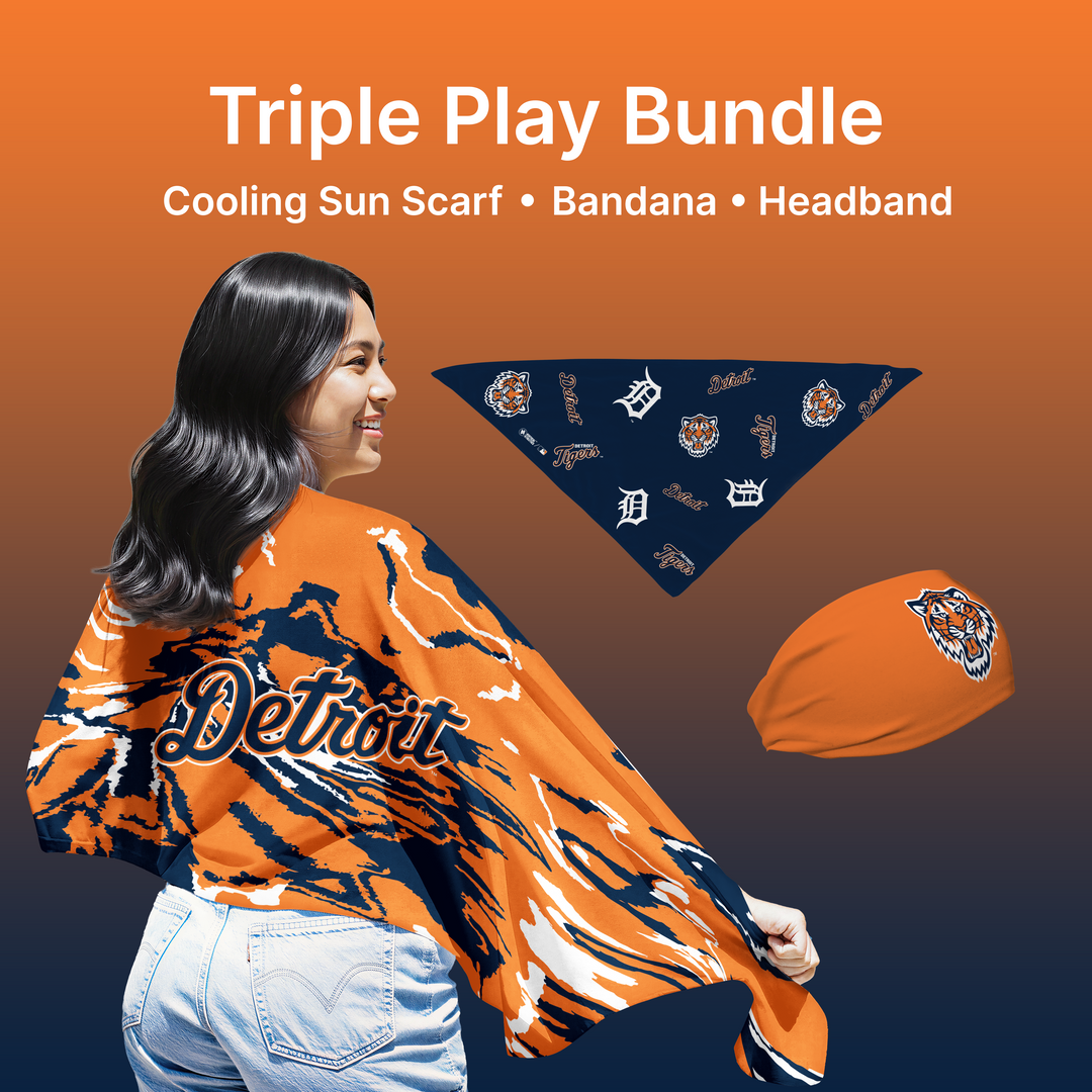MLB licensed Detroit Tigers Triple Play Cooling Bundle: Cooling Sun Scarf + Bandana + Headband. Made in USA. Vertical Athletics Brand. 