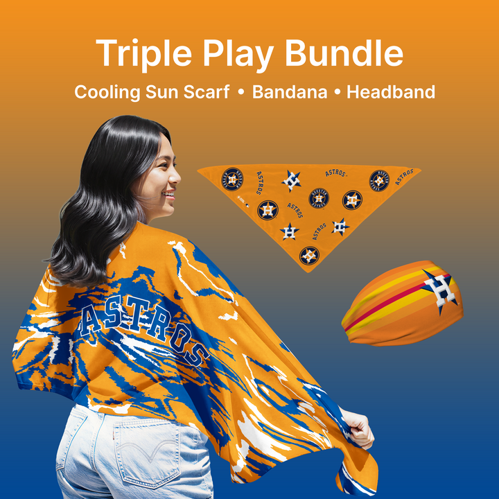 MLB licensed Houston Astros Triple Play Cooling Bundle: Cooling Sun Scarf + Bandana + Headband. Made in USA. Vertical Athletics Brand. 