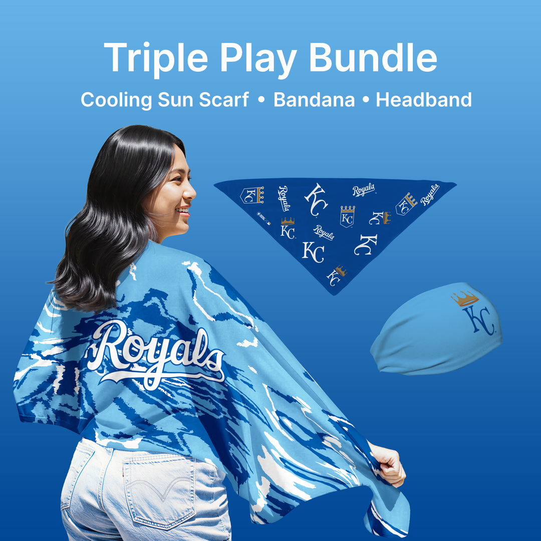 MLB licensed Kansas City Royals Triple Play Cooling Bundle: Cooling Sun Scarf + Bandana + Headband. Made in USA. Vertical Athletics Brand. 