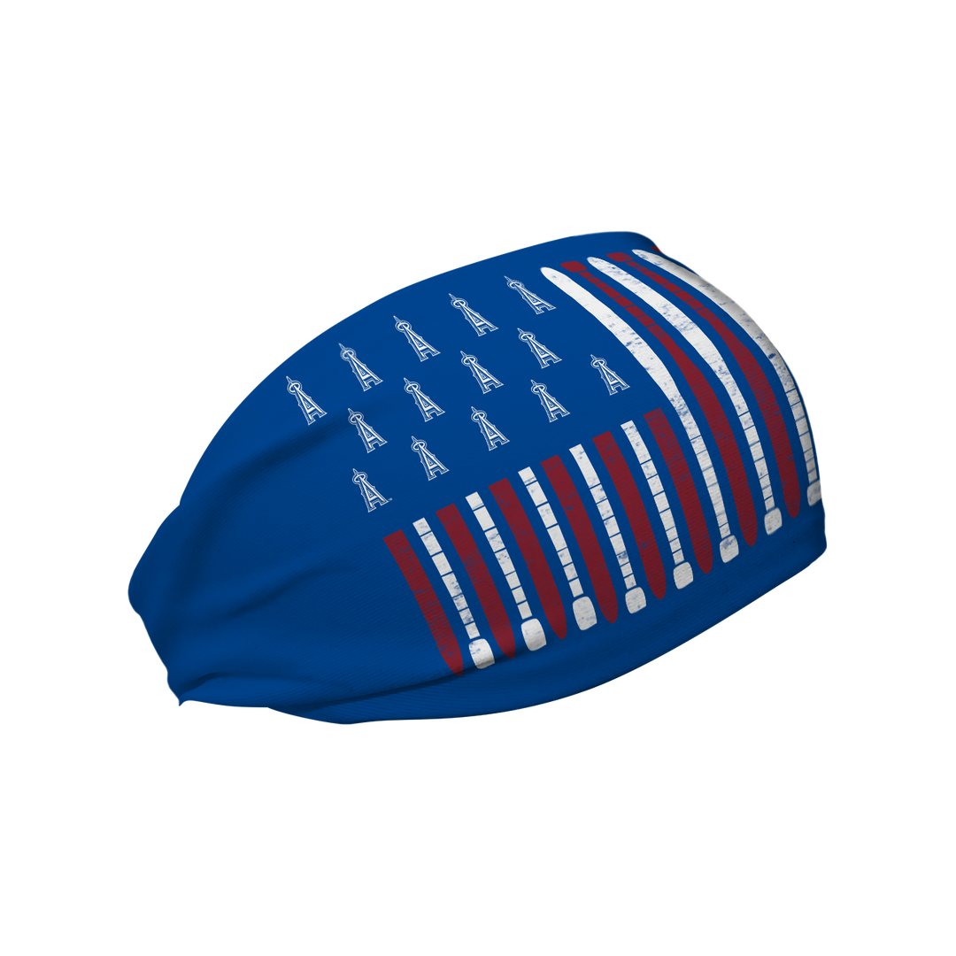 MLB licensed Los Angeles Angels blue cooling headband with Baseball Flag logo. Made in the USA, Vertical Athletics brand.  