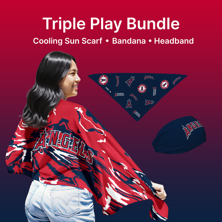 
MLB licensed Los Angeles Angels Triple Play Cooling Bundle: Cooling Sun Scarf + Bandana + Headband. Made in USA. Vertical Athletics Brand. 