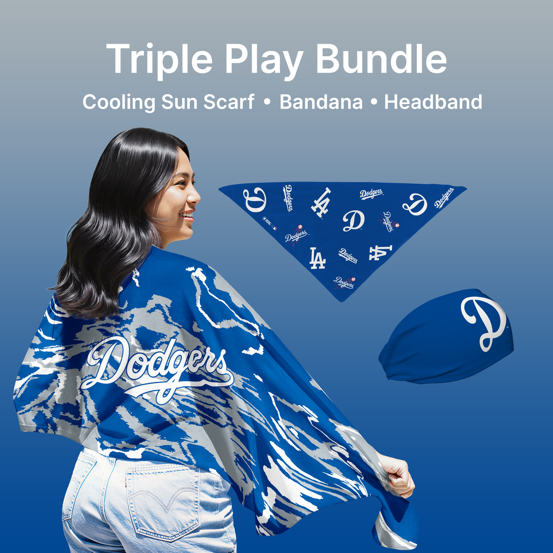 MLB licensed Los Angeles Dodgers Triple Play Cooling Bundle: Cooling Sun Scarf + Bandana + Headband. Made in USA. Vertical Athletics Brand. 