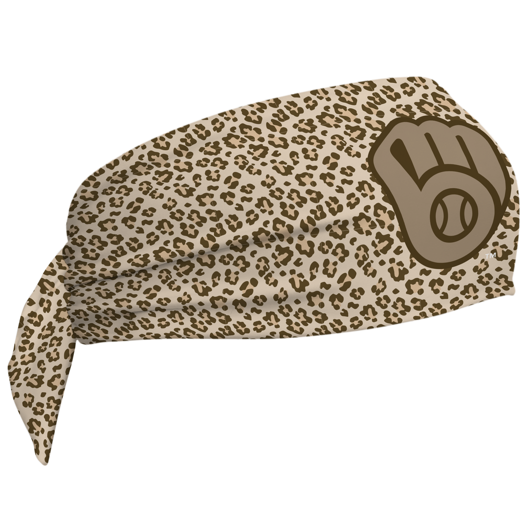 MLB Milwaukee Brewers wide tieback cooling headband with Cheetah Cap Logo. Vertical Athletics brand. Made in Mexico.