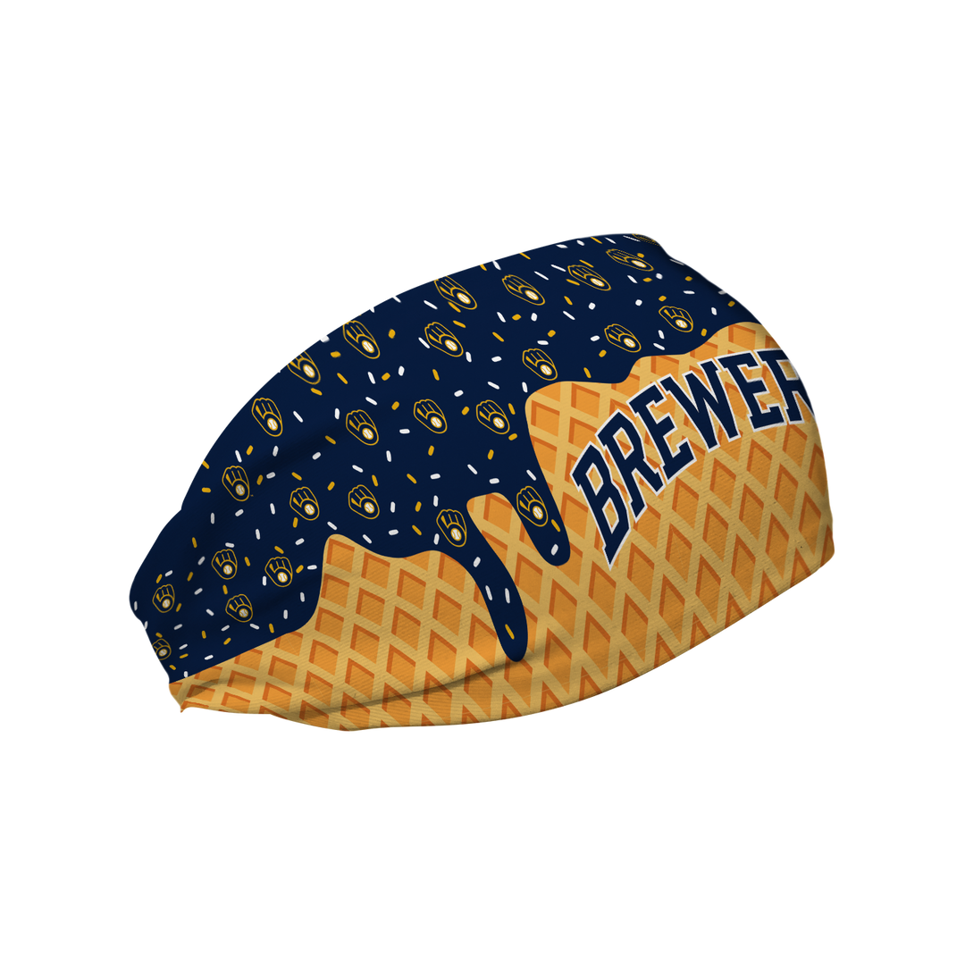 MLB licensed Milwaukee Brewers cooling headband with Ice Cream Drip Wordmark. Made in the USA, Vertical Athletics brand.