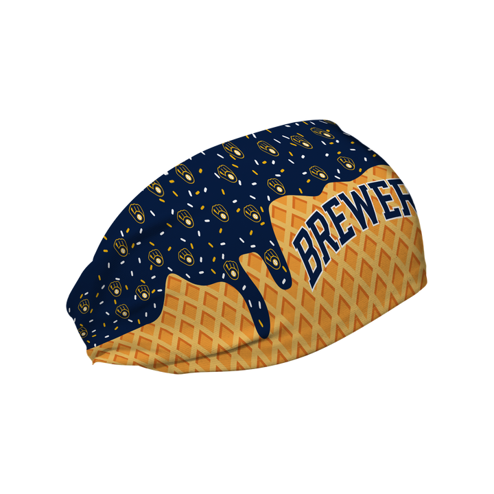 MLB licensed Milwaukee Brewers cooling headband with Ice Cream Drip Wordmark. Made in the USA, Vertical Athletics brand.