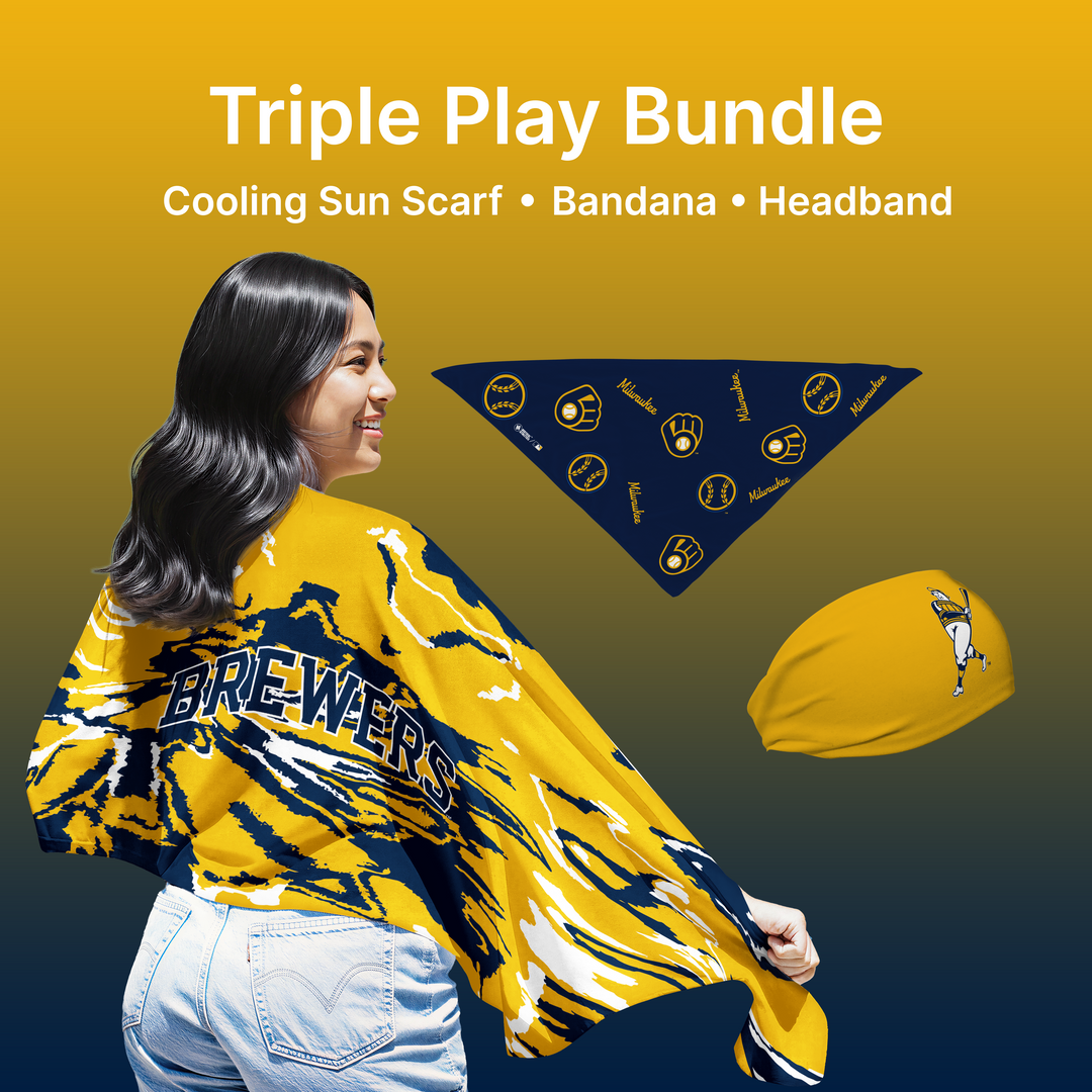 MLB licensed Milwaukee Brewers Triple Play Cooling Bundle: Cooling Sun Scarf + Bandana + Headband. Made in USA. Vertical Athletics Brand. 

