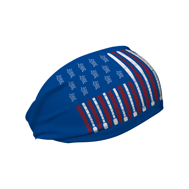 MLB licensed Miami Marlins blue cooling headband with Baseball Flag logo. Made in the USA, Vertical Athletics brand.