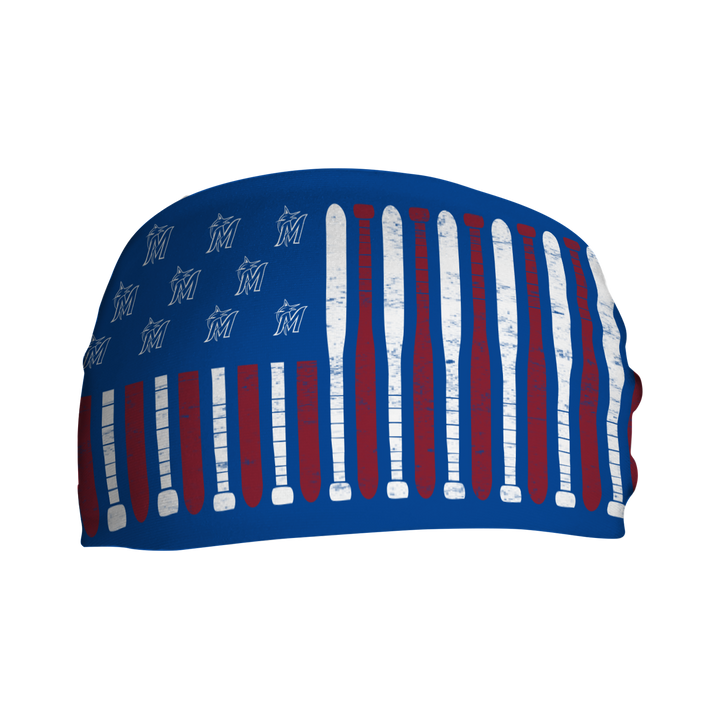 MLB licensed Miami Marlins blue cooling headband with Baseball Flag logo. Made in the USA, Vertical Athletics brand.