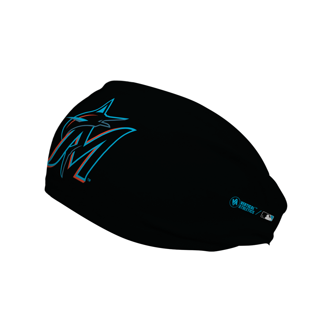 Side view of MLB Miami Marlins cooling headband with Cap logo. Made in USA, Vertical Athletics brand.  