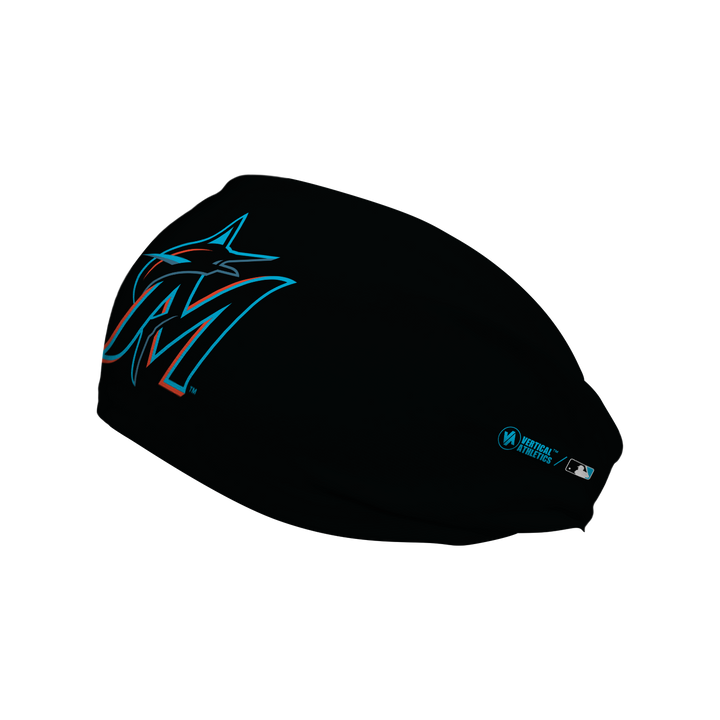 Side view of MLB Miami Marlins cooling headband with Cap logo. Made in USA, Vertical Athletics brand.  