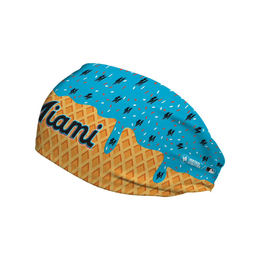 MLB licensed Miami Marlins cooling headband with Ice Cream Drip Wordmark. Made in the USA, Vertical Athletics brand.