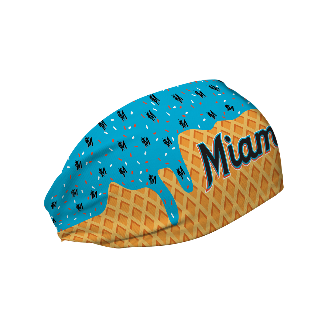 MLB licensed Miami Marlins cooling headband with Ice Cream Drip Wordmark. Made in the USA, Vertical Athletics brand.