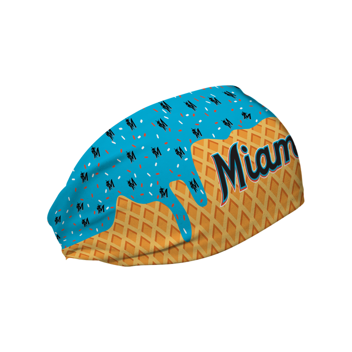 MLB licensed Miami Marlins cooling headband with Ice Cream Drip Wordmark. Made in the USA, Vertical Athletics brand.