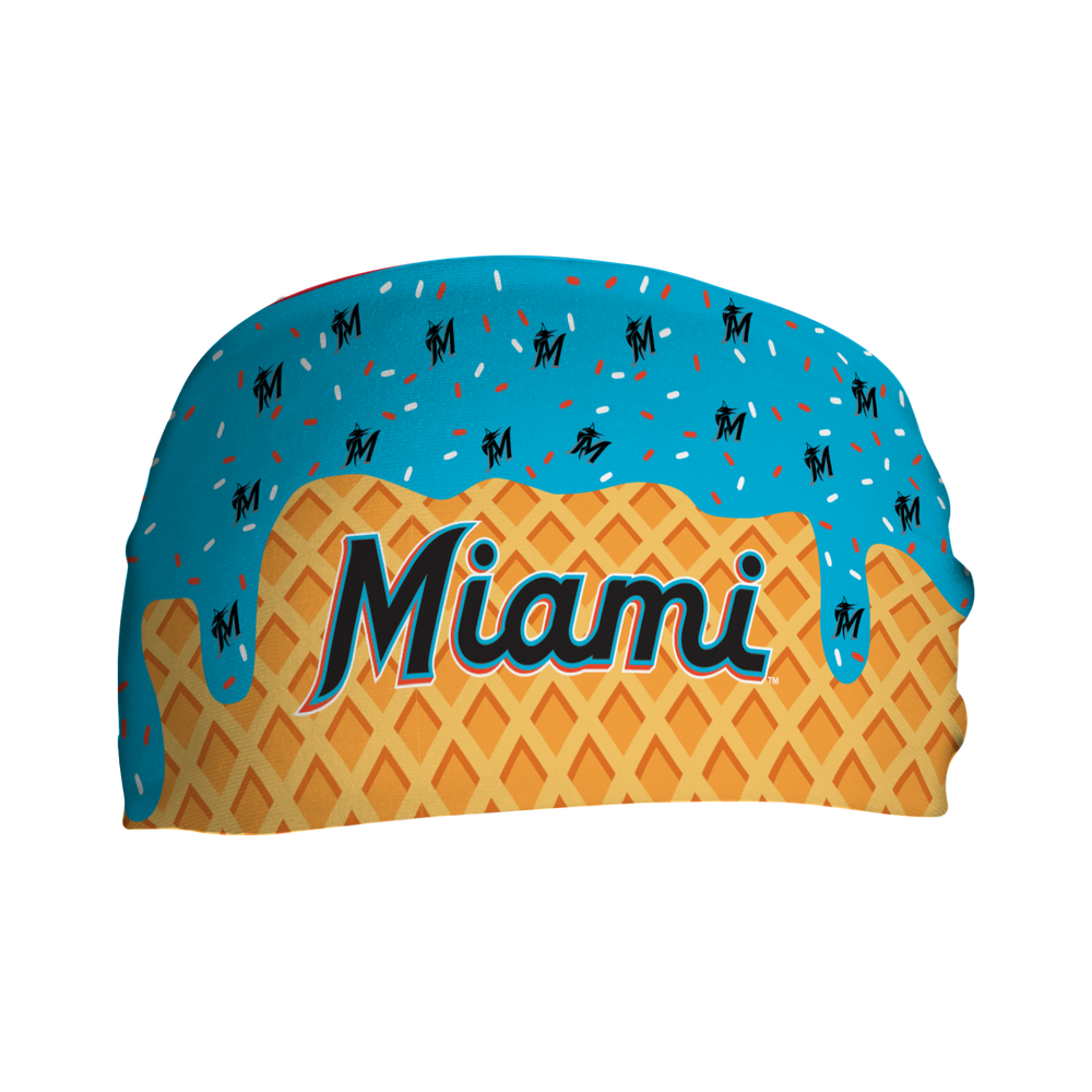 MLB licensed Miami Marlins cooling headband with Ice Cream Drip Wordmark. Made in the USA, Vertical Athletics brand.