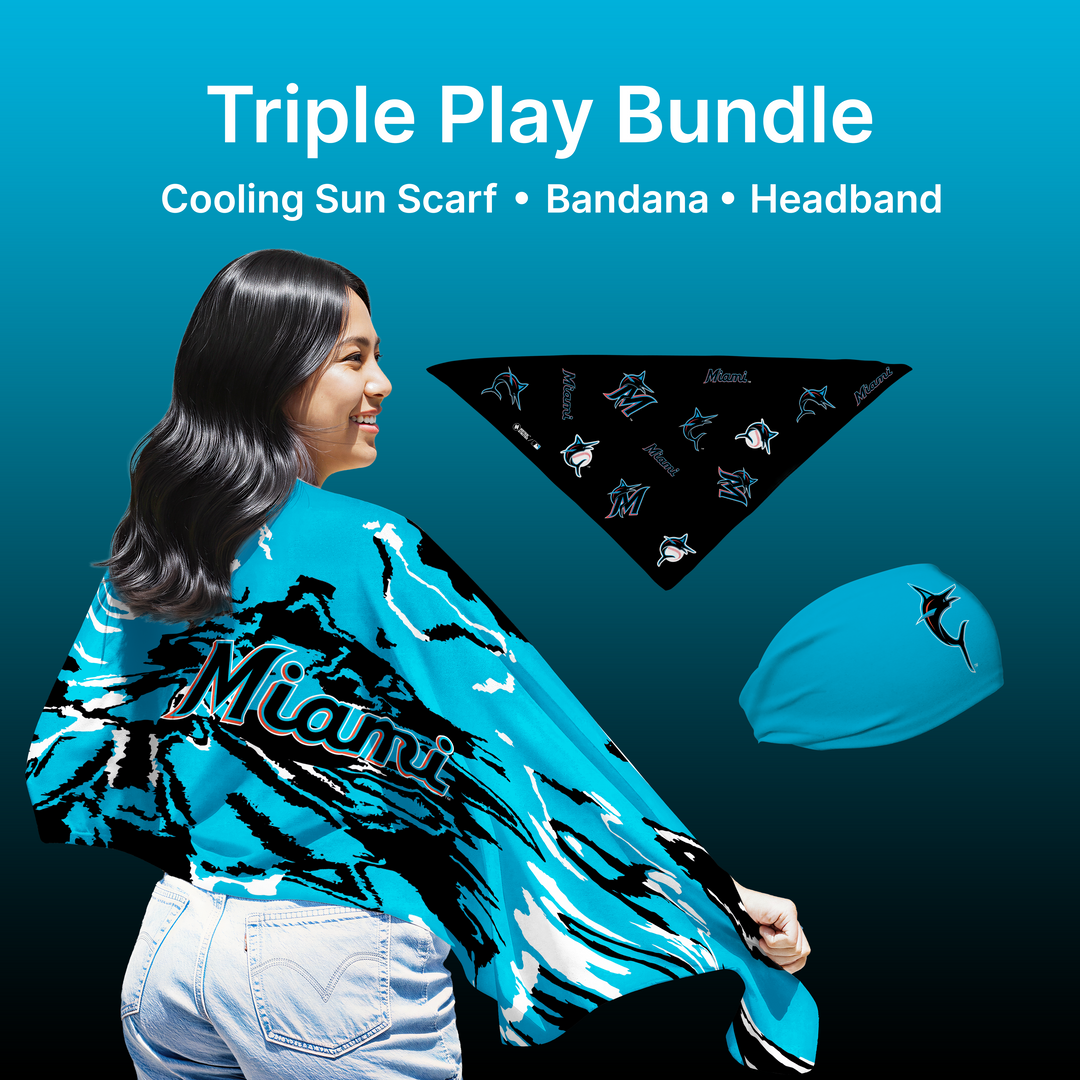 MLB licensed Miami Marlins Triple Play Cooling Bundle: Cooling Sun Scarf + Bandana + Headband. Made in USA. Vertical Athletics Brand. 
