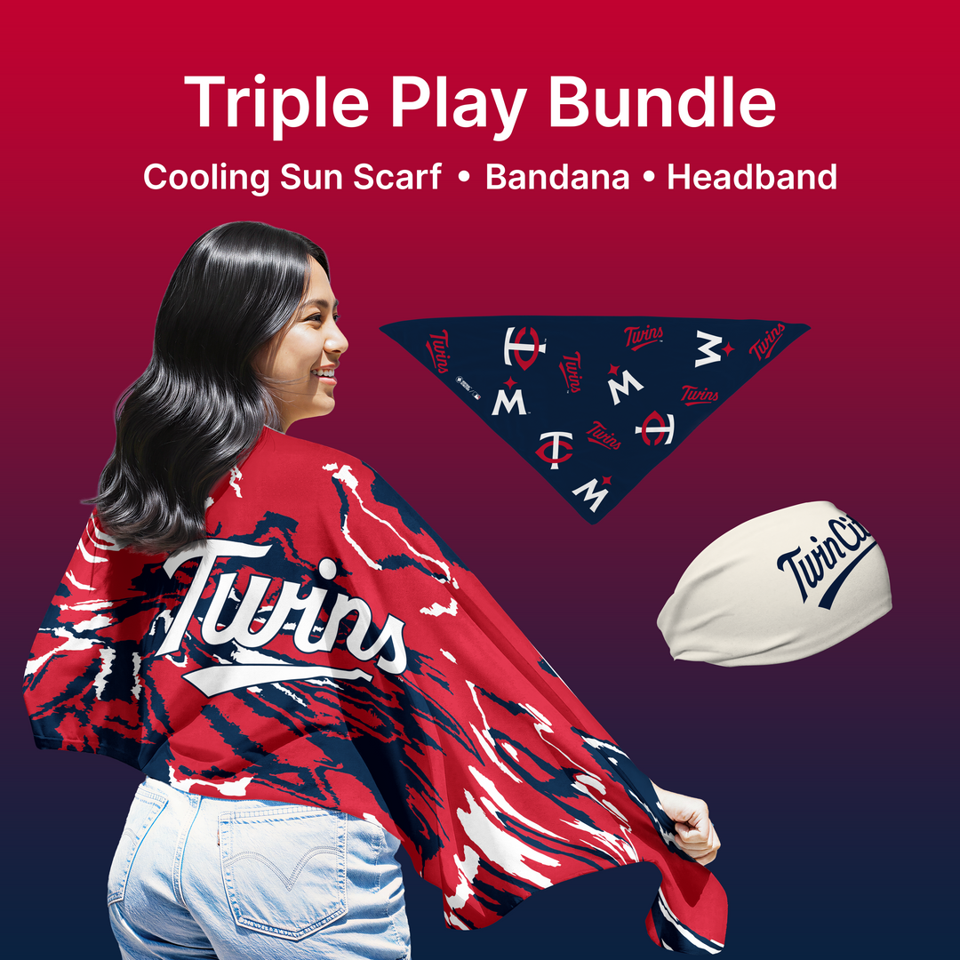 MLB licensed Minnesota Twins Triple Play Cooling Bundle: Cooling Sun Scarf + Bandana + Headband. Made in USA. Vertical Athletics Brand. 
