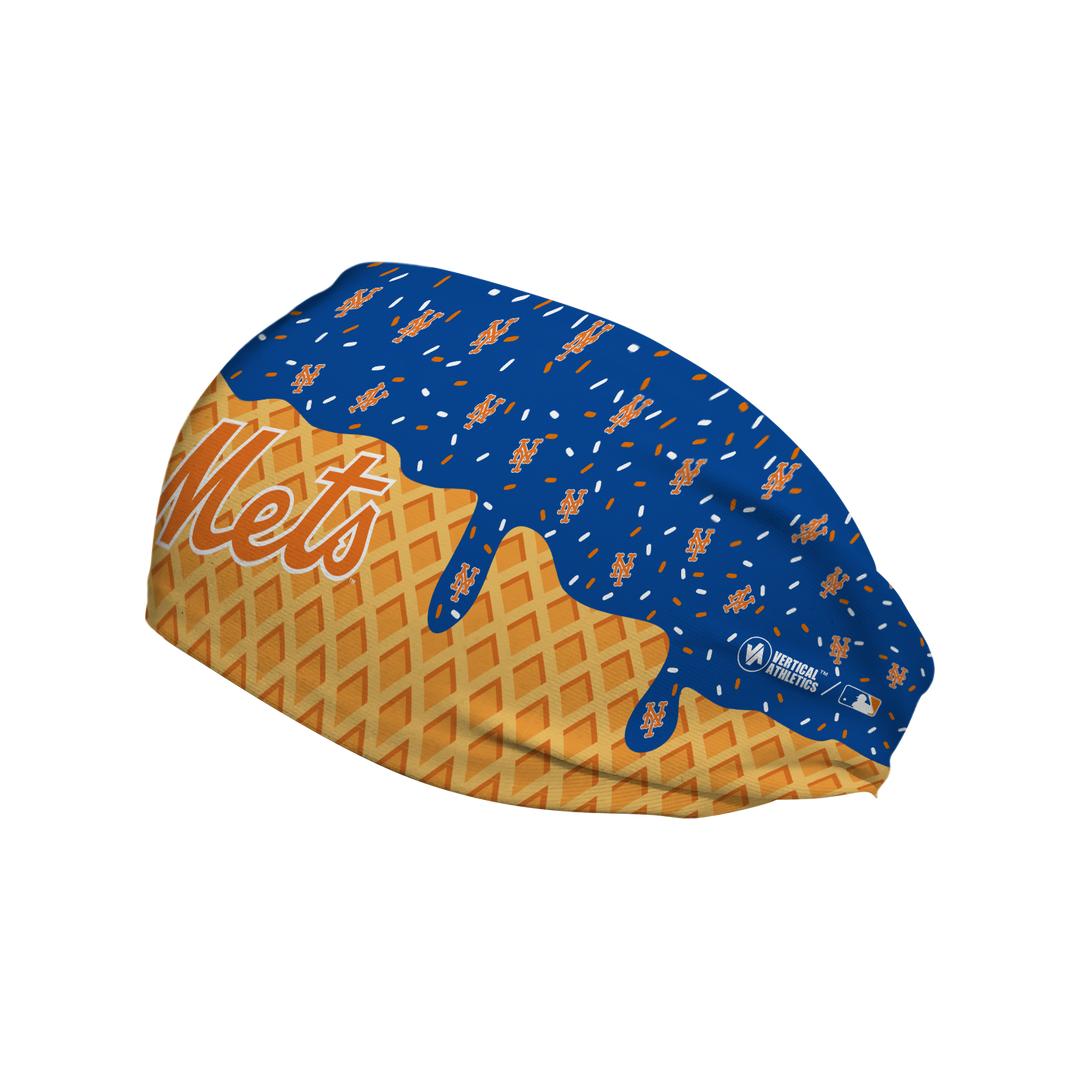 MLB licensed New York Mets cooling headband with Ice Cream Drip Wordmark. Made in the USA, Vertical Athletics brand.