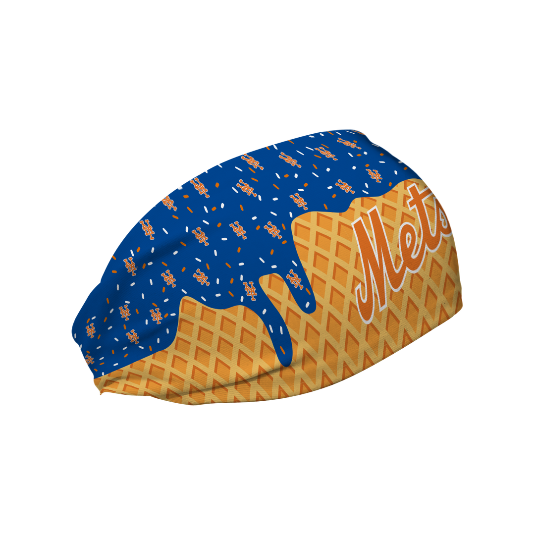 MLB licensed New York Mets cooling headband with Ice Cream Drip Wordmark. Made in the USA, Vertical Athletics brand.