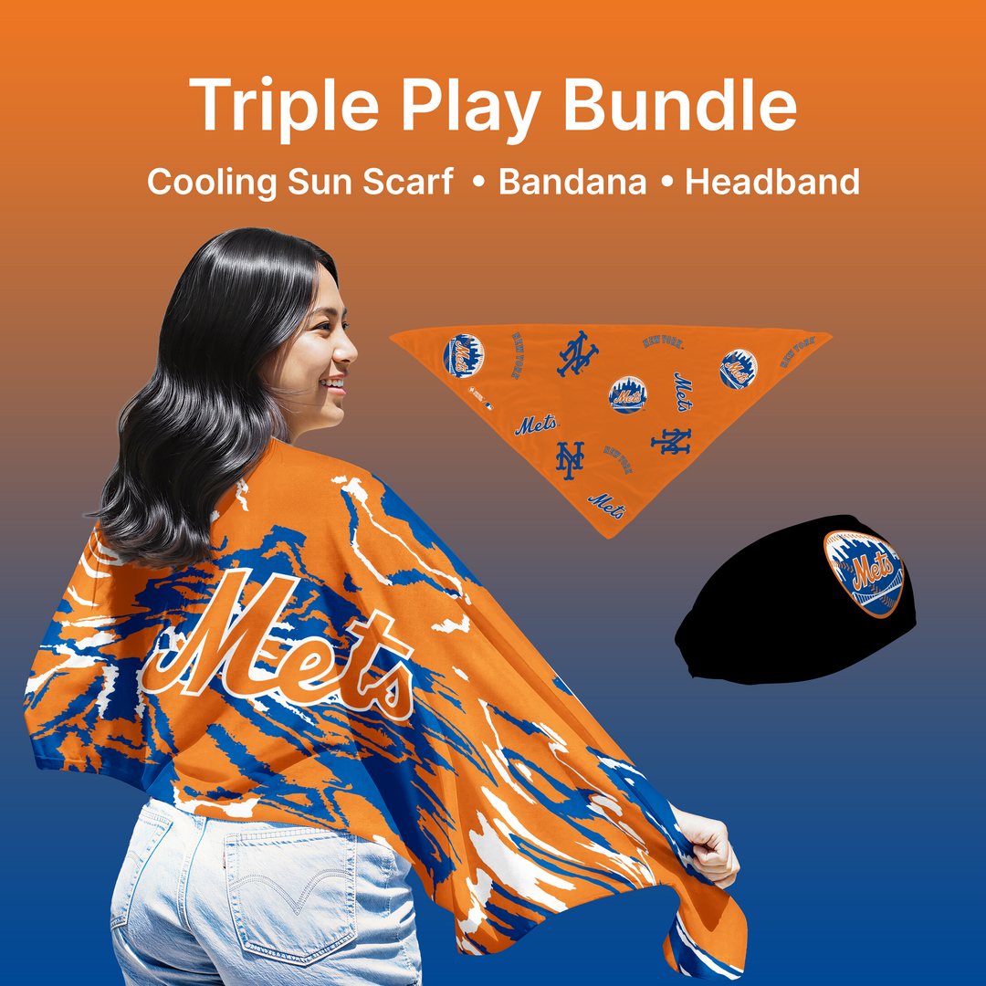 MLB licensed New York Mets Triple Play Cooling Bundle: Cooling Sun Scarf + Bandana + Headband. Made in USA. Vertical Athletics Brand.