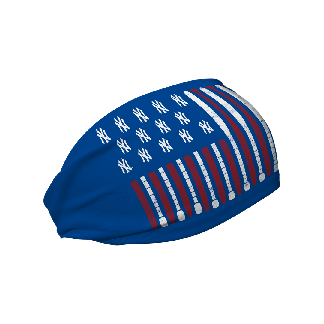 MLB licensed New York Yankees blue cooling headband with Baseball Flag logo. Made in the USA, Vertical Athletics brand.