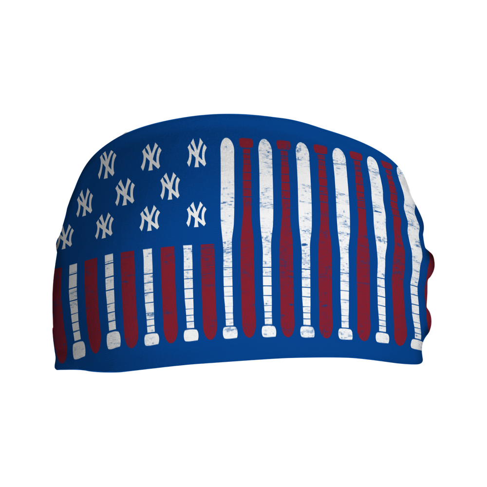 MLB licensed New York Yankees blue cooling headband with Baseball Flag logo. Made in the USA, Vertical Athletics brand.