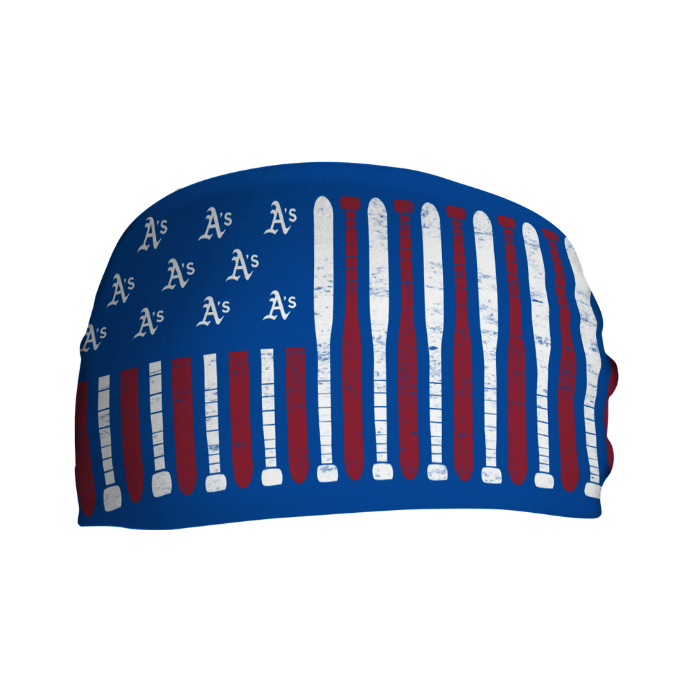 MLB licensed Oakland Athletics blue cooling headband with Baseball Flag logo. Made in the USA, Vertical Athletics brand.  
