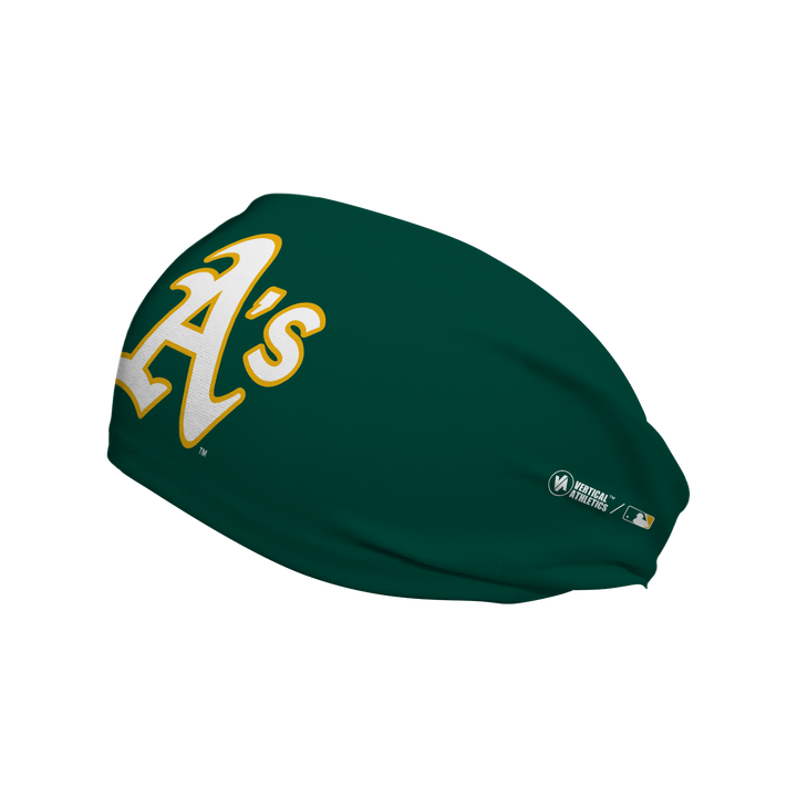 Side view of MLB Athletics cooling headband with cap logo. Made in USA, Vertical Athletics brand.  