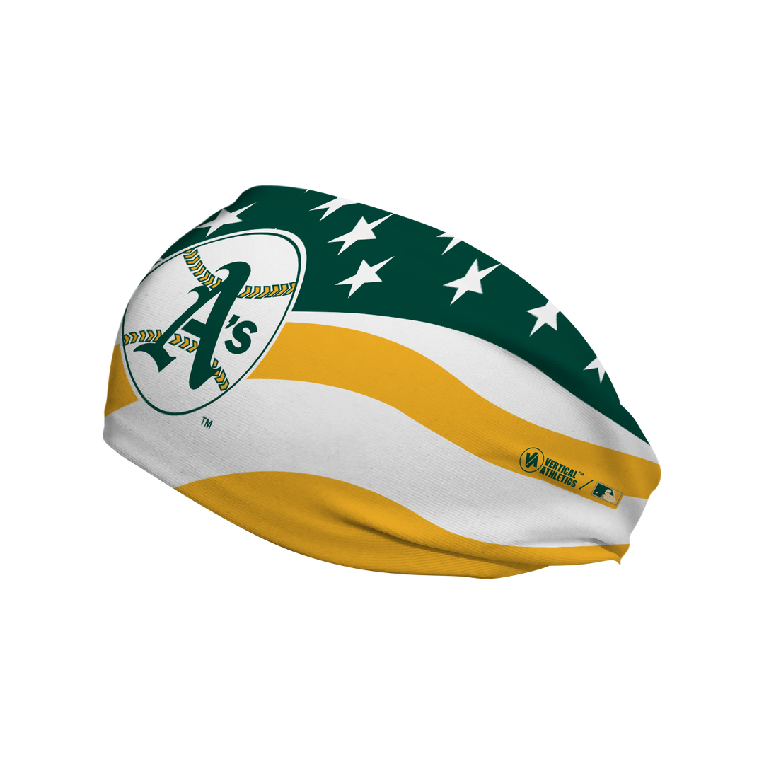 MLB Athletics Stars and Stripes cooling headband with Coop Logo. Made in USA, Vertical Athletics brand.  